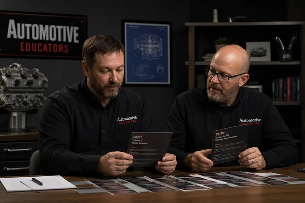 Team vergleicht Lernkarten zu Prüfpunkten am Projektortisch