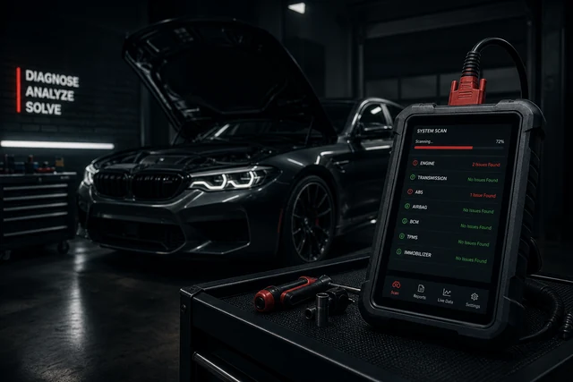 Diagnosearbeitsplatz mit OBD-Gerät und Laptop in dunkler Werkstatt